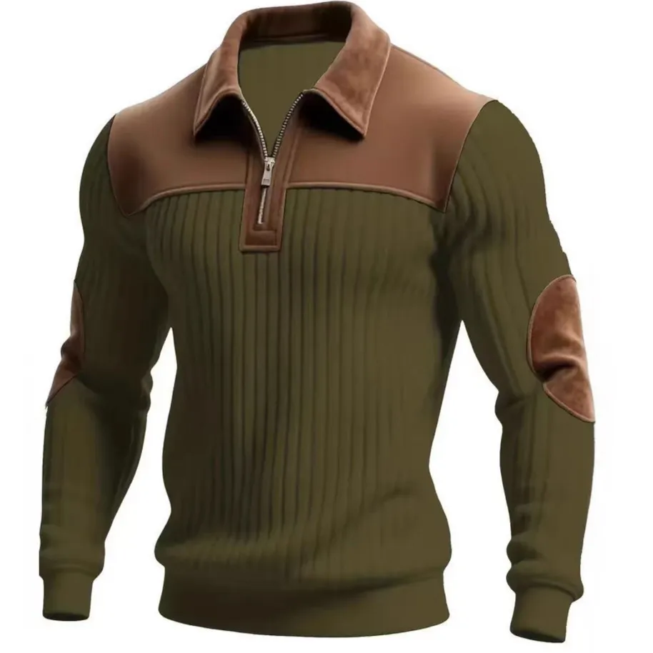 Men's Fashion Casual Knitted Lapel Stitching Embroidery Zipper Long-Sleeve Sweatshirt