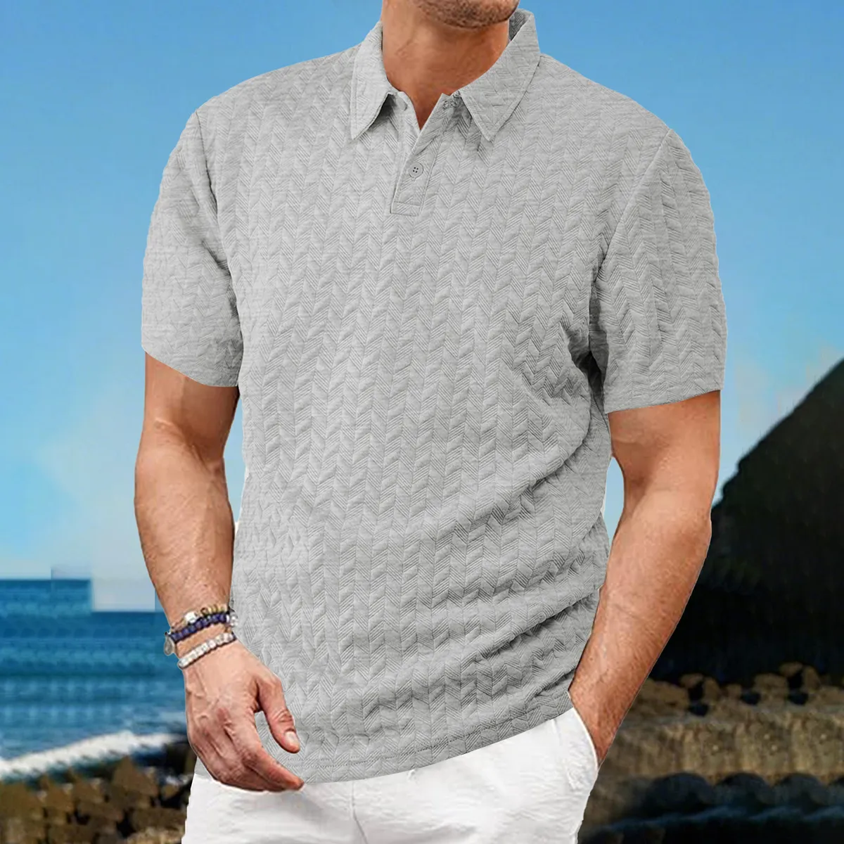 Men's Casual Solid Color Thin Breathable Jacquard Lapel Short Sleeve Polo Shirt