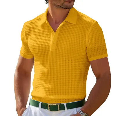 Men's Slim Fit Solid Color Waffle Short-Sleeve Polo Shirt