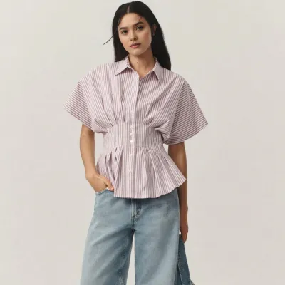 Women Fashion Casual Stripe Pleated Lapel Short-Sleeve Tight Waist Blouse