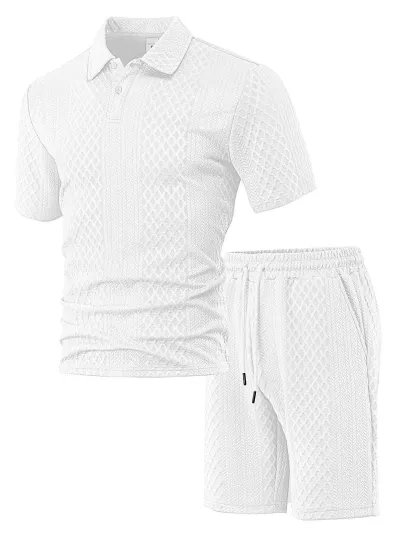 Men's Fashion Casual Solid Color Jacquard Lapel Short-Sleeve Polo Shirt and Shorts Two-Piece Set
