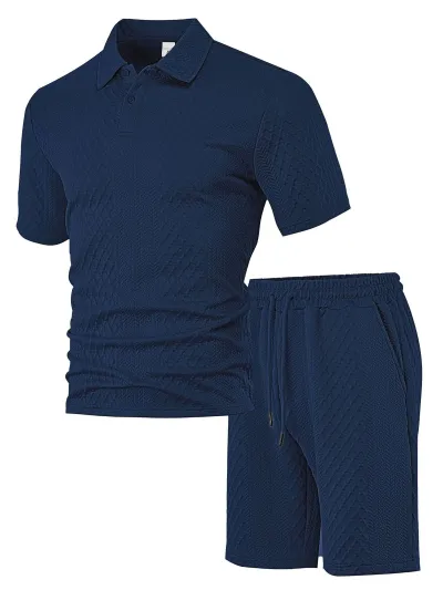 Men's Fashion Casual Solid Color Jacquard Lapel Short-Sleeve Polo Shirt and Shorts Two-Piece Set