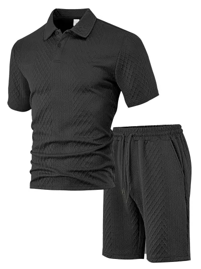 Men's Fashion Casual Solid Color Jacquard Lapel Short-Sleeve Polo Shirt and Shorts Two-Piece Set