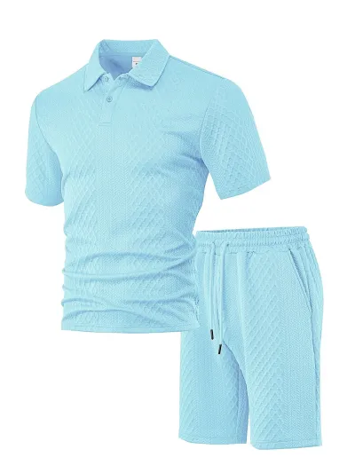 Men's Fashion Casual Solid Color Jacquard Lapel Short-Sleeve Polo Shirt and Shorts Two-Piece Set