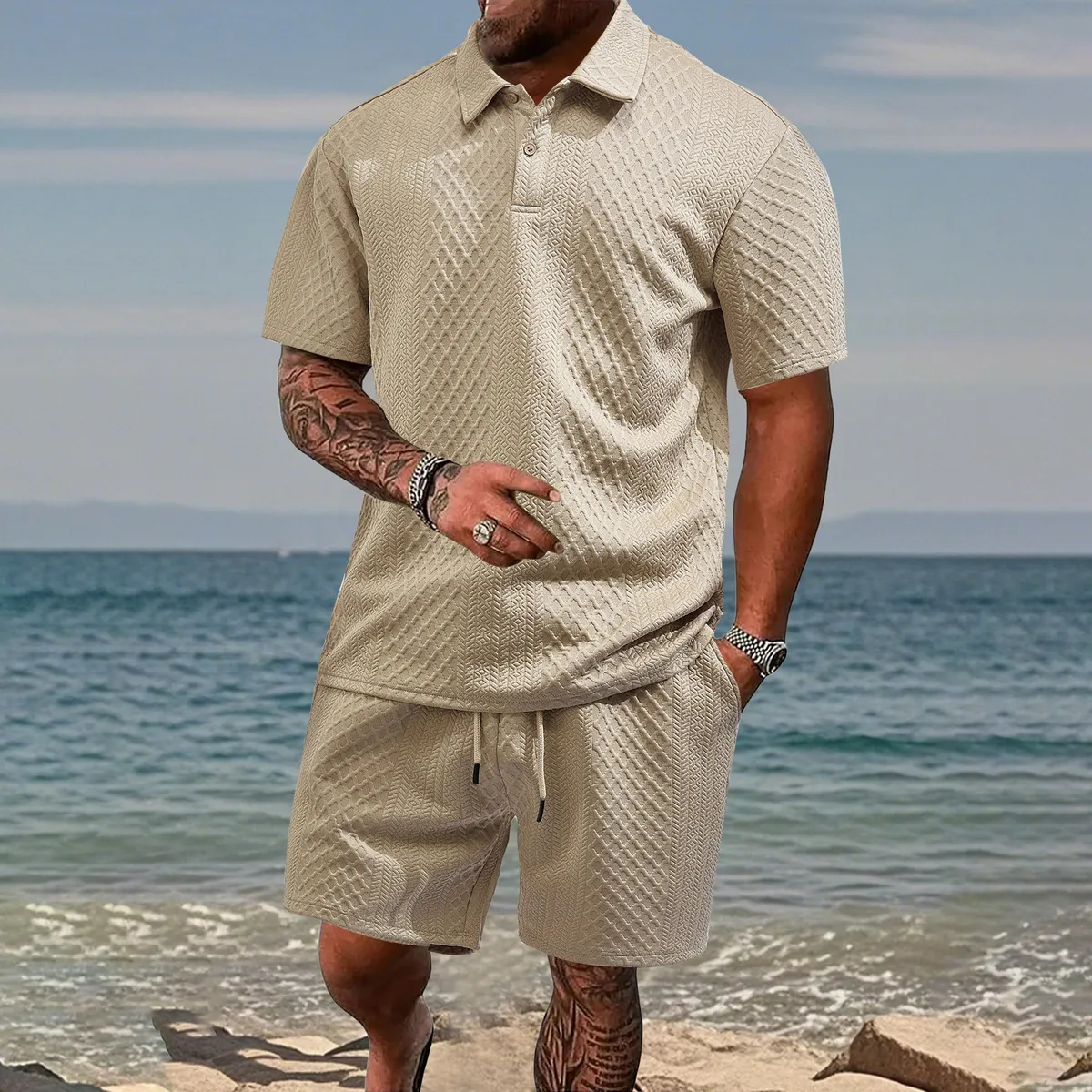 Men's Fashion Casual Solid Color Jacquard Lapel Short-Sleeve Polo Shirt and Shorts Two-Piece Set