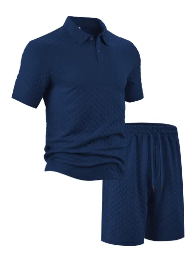 Men'S Fashion Casual Solid Color Jacquard Lapel Short-Sleeved Polo Shirt Loose Shorts Two-Piece Set