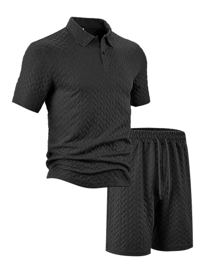Men'S Fashion Casual Solid Color Jacquard Lapel Short-Sleeved Polo Shirt Loose Shorts Two-Piece Set