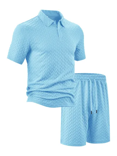 Men'S Fashion Casual Solid Color Jacquard Lapel Short-Sleeved Polo Shirt Loose Shorts Two-Piece Set