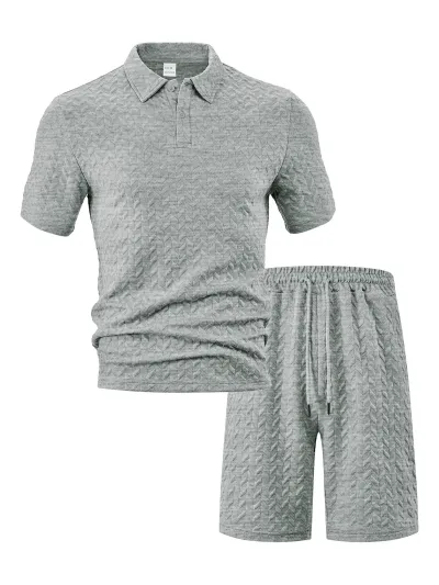 Men'S Fashion Casual Solid Color Jacquard Lapel Short-Sleeved Polo Shirt Loose Shorts Two-Piece Set