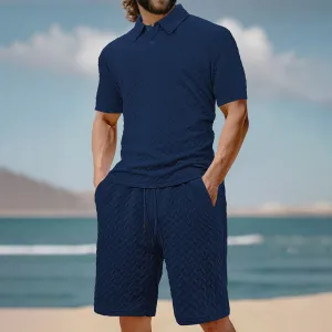 Men'S Fashion Casual Solid Color Jacquard Lapel Short-Sleeved Polo Shirt Loose Shorts Two-Piece Set
