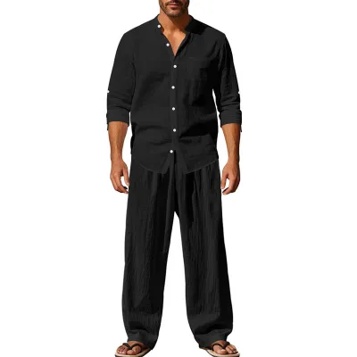 Men's Fashion Solid Color Linen Long Sleeve Shirt Loose Pants Two-Piece Set