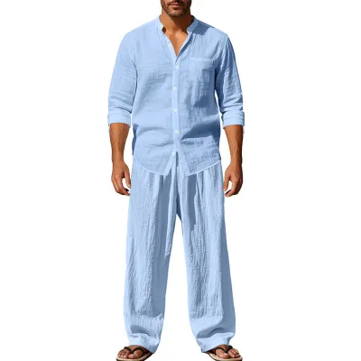 Men's Fashion Solid Color Linen Long Sleeve Shirt Loose Pants Two-Piece Set