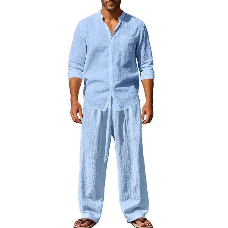 Men's Fashion Solid Color Linen Long Sleeve Shirt Loose Pants Two-Piece Set