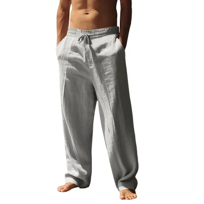 Men's Casual Solid Color Cotton Linen Loose Straight Pants Breathable
