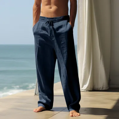 Men's Casual Solid Color Cotton Linen Loose Straight Pants Breathable