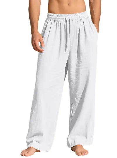 Men's Casual Linen Loose Fit Solid Color Pocket Pants