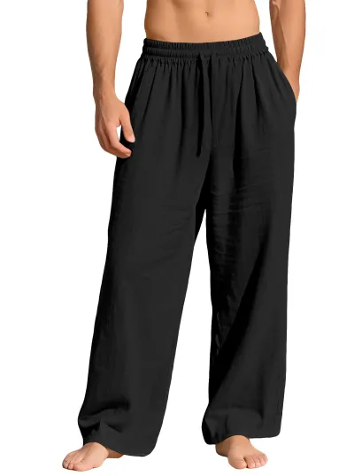 Men's Casual Linen Loose Fit Solid Color Pocket Pants