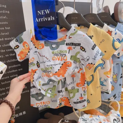 Kids Boys Fashion Cartoon Printed Cotton Short-Sleeve T-Shirt Loose Shorts Two-Piece Set