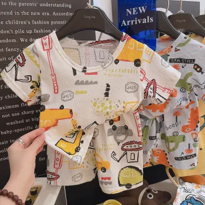 Kids Boys Fashion Cartoon Printed Cotton Short-Sleeve T-Shirt Loose Shorts Two-Piece Set