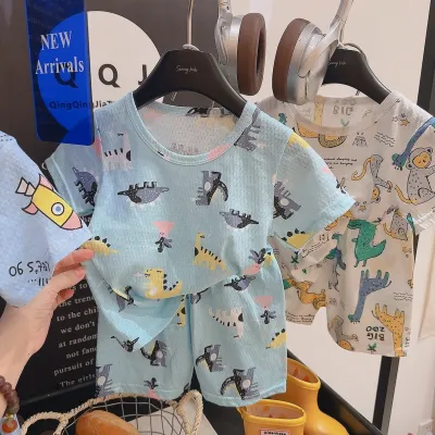 Kids Boys Fashion Cartoon Printed Cotton Short-Sleeve T-Shirt Loose Shorts Two-Piece Set
