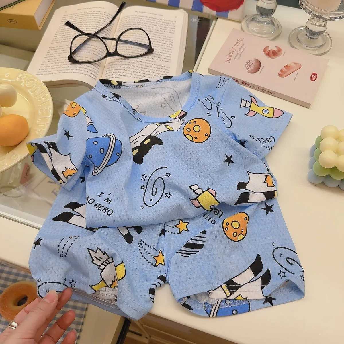 Kids Boys Fashion Cartoon Printed Cotton Short-Sleeve T-Shirt Loose Shorts Two-Piece Set