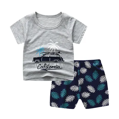 Kids Boys And Girls Fashion Cartoon Cotton Printed Short-Sleeve T-Shirt Loose Shorts Two-Piece Set