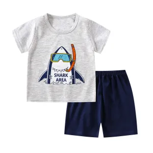 Kids Boys And Girls Fashion Cartoon Cotton Printed Short-Sleeve T-Shirt Loose Shorts Two-Piece Set