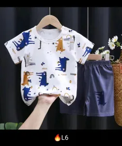 Kids Boys And Girls Fashion Cartoon Cotton Printed Short-Sleeve T-Shirt Loose Shorts Two-Piece Set