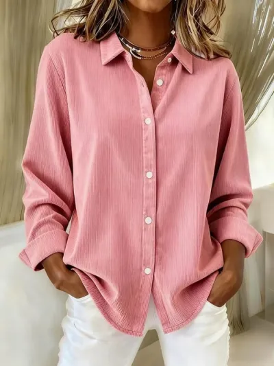 Women Fashion Casual Solid Color Corduroy Lapel Long-Sleeve Blouse