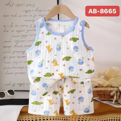 Kids Baby Boys And Girls Fashion Casual Cartoon Jacquard Cotton Sleeveless Vest Loose Shorts Two-Piece Set