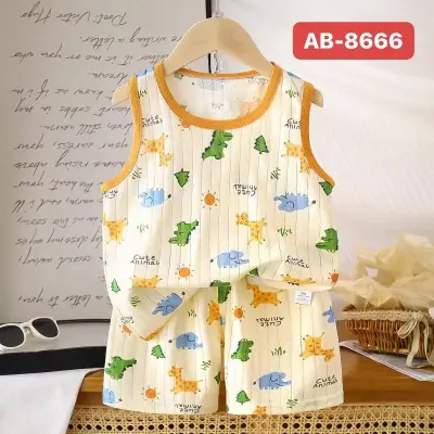 Kids Baby Boys And Girls Fashion Casual Cartoon Jacquard Cotton Sleeveless Vest Loose Shorts Two-Piece Set