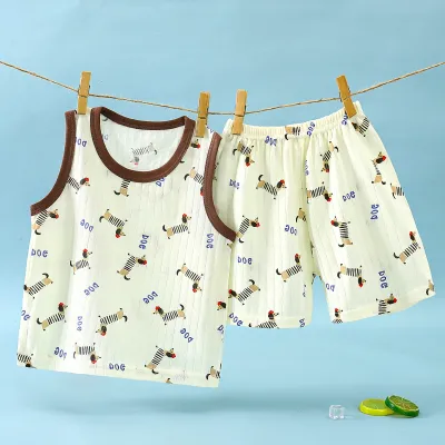Kids Baby Boys And Girls Fashion Casual Cartoon Jacquard Cotton Sleeveless Vest Loose Shorts Two-Piece Set