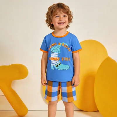 Kids Boys Fashion Casual Crocodile Print Plaid Short-Sleeve T-Shirt Loose Shorts Two-Piece Set