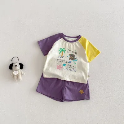 Kids Baby'S Boys And Girls Fashion Cartoon Printed Short-Sleeve T-Shirt Loose Shorts Two-Piece Set