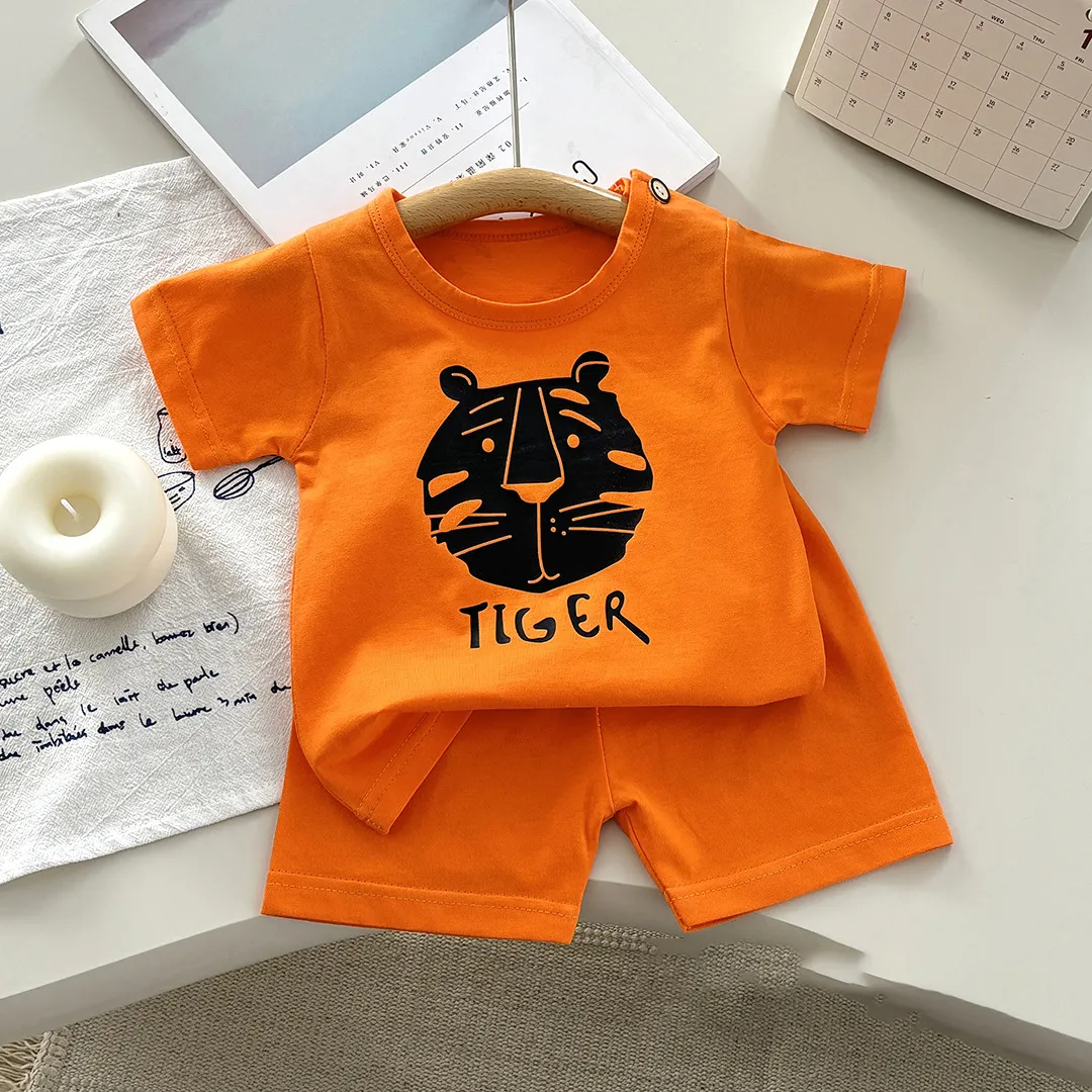 Kids Baby Boys And Girls Fashion Cartoon Cotton Short-Sleeve T-Shirt Thin Loose Shorts Two-Piece Set