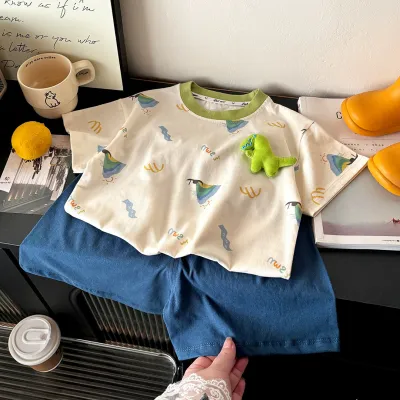 Kids Baby Boy'S Fashion Casual Printed Short-Sleeve T-Shirt Loose Shorts Two-Piece Set