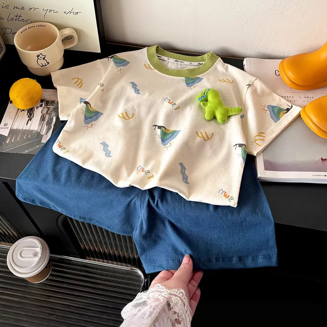 Kids Baby Boy'S Fashion Casual Printed Short-Sleeve T-Shirt Loose Shorts Two-Piece Set