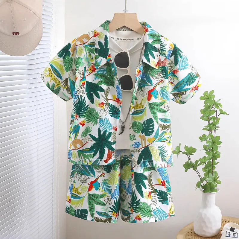 Kids Boy'S Fashion Casual Printed Lapel Short Sleeve Shirt Loose Shorts Two-Piece Set