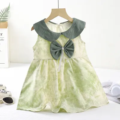 Kids Girl'S Fashion Cute Cotton Printed Bowknot Lapel Sleeveless Dress