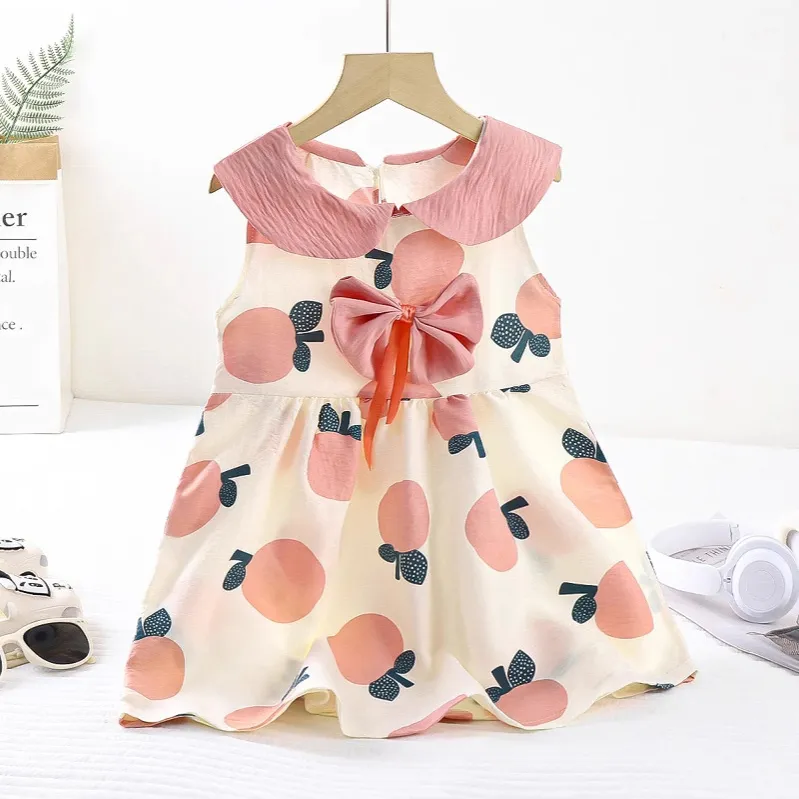 Kids Girl'S Fashion Cute Cotton Printed Bowknot Lapel Sleeveless Dress