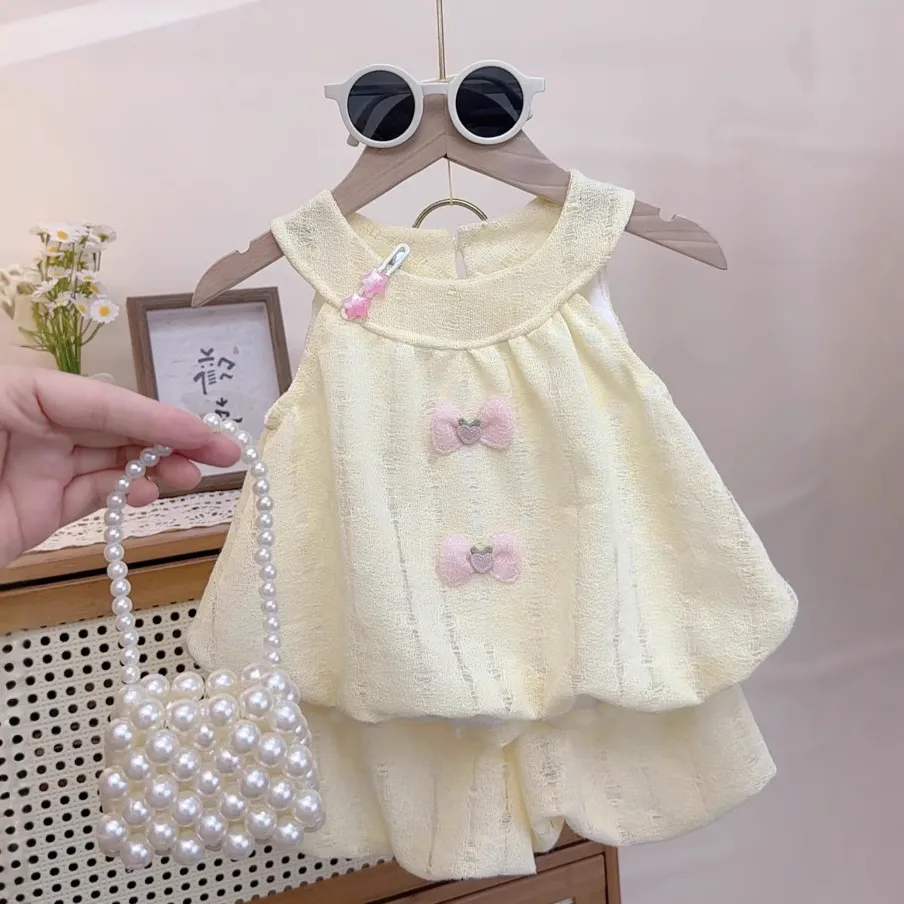 Kids Girls Fashion Cute Solid Color Bowknot Decorative Sleeveless Tank Top Loose Shorts Two-Piece Set
