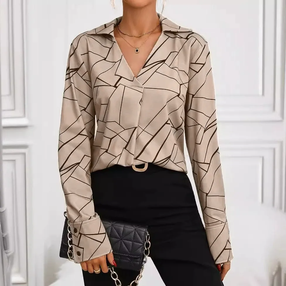 Women Fashion Casual Line Print V-Neck Long Sleeve Loose Blouse