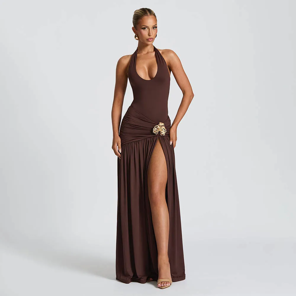 Women Fashion Sexy Solid Color Halter-Neck Backless Bodysuits Metal Buckle Split Maxi Skirt Two-Piece Set