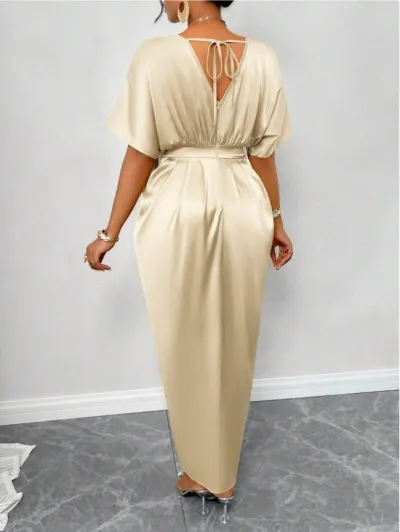 Women Fashion Elegant Solid Color Satin V-Neck Short-Sleeve Waist Dress