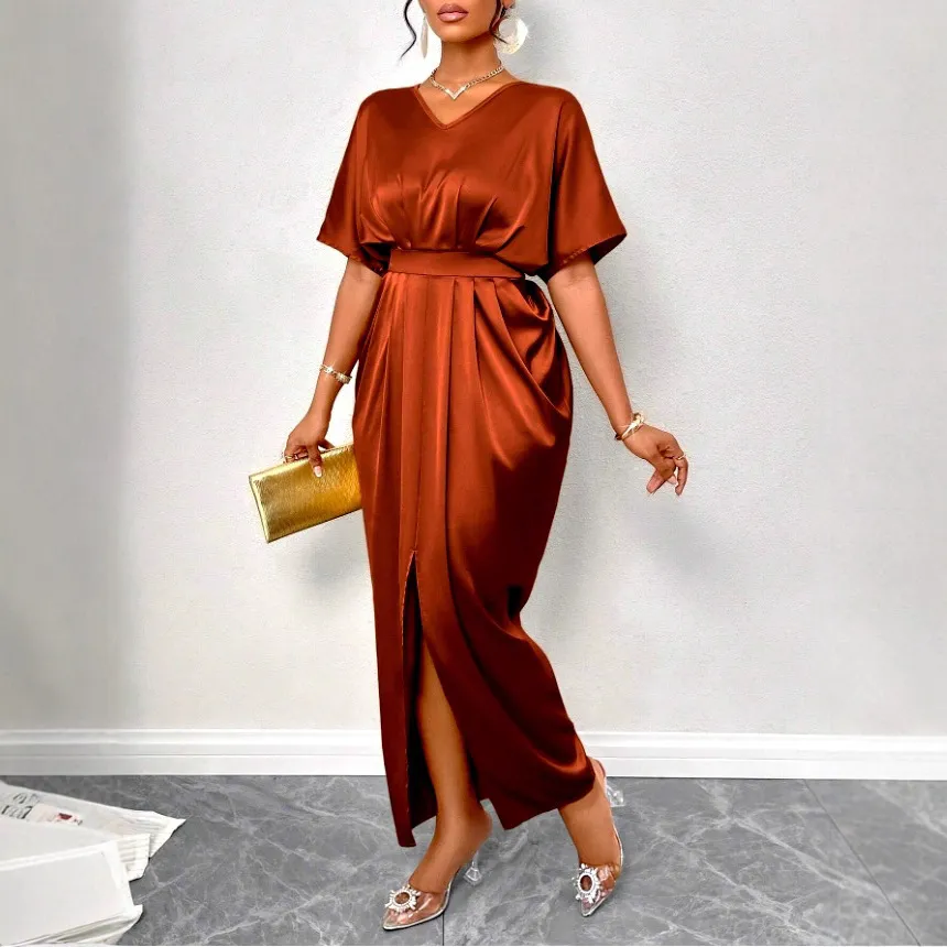 Women Fashion Elegant Solid Color Satin V-Neck Short-Sleeve Waist Dress