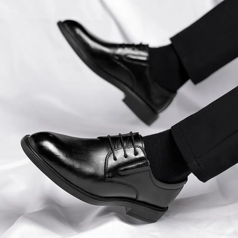 Men's Casual Business Solid Color Leather Shoes with Round Toe
