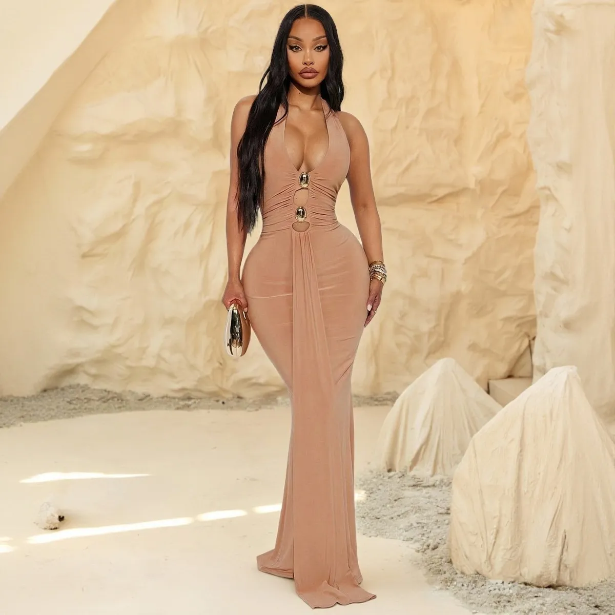 Women Fashion Sexy Solid Color Metal Decorated Halter-Neck Backless Split Dress