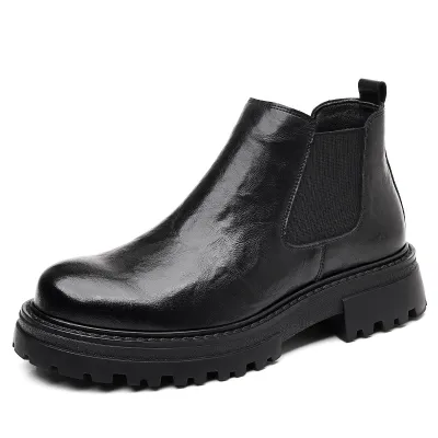 Men's Fashion Casual Autumn Winter Mid-Top Thickened Leather Chunky Heel Boots