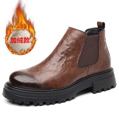 Men's Fashion Casual Autumn Winter Mid-Top Thickened Leather Chunky Heel Boots