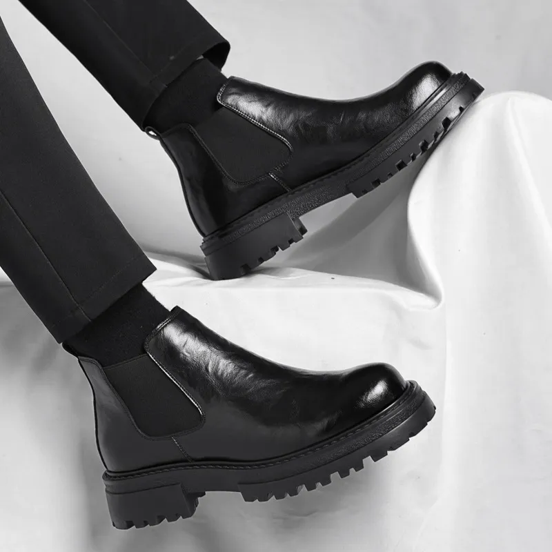 Men's Fashion Casual Autumn Winter Mid-Top Thickened Leather Chunky Heel Boots